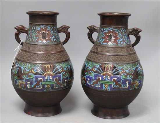 A pair of Japanese champleve enamel vases, height 30cm